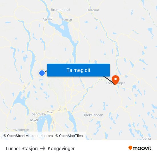 Lunner Stasjon to Kongsvinger map