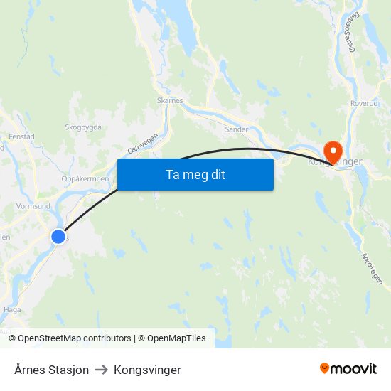 Årnes Stasjon to Kongsvinger map
