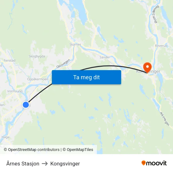 Årnes Stasjon to Kongsvinger map