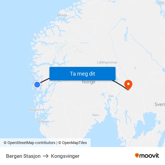 Bergen Stasjon to Kongsvinger map