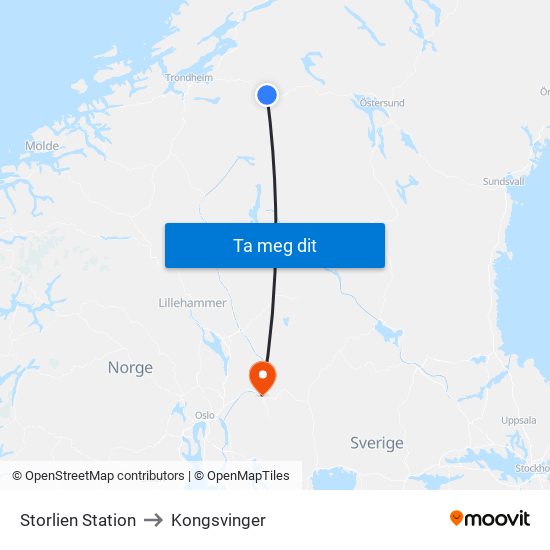 Storlien Station to Kongsvinger map