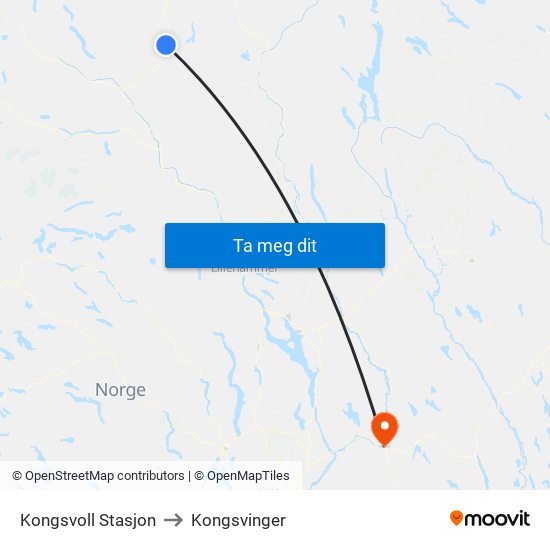 Kongsvoll Stasjon to Kongsvinger map