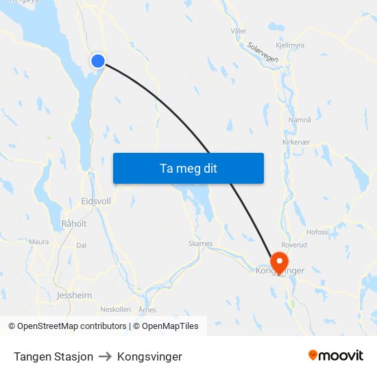 Tangen Stasjon to Kongsvinger map