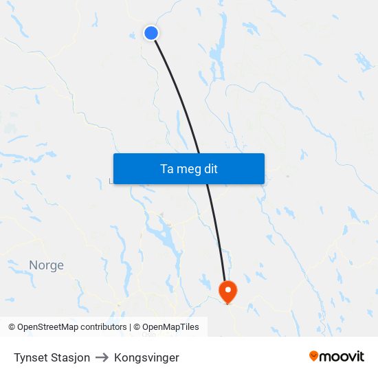 Tynset Stasjon to Kongsvinger map