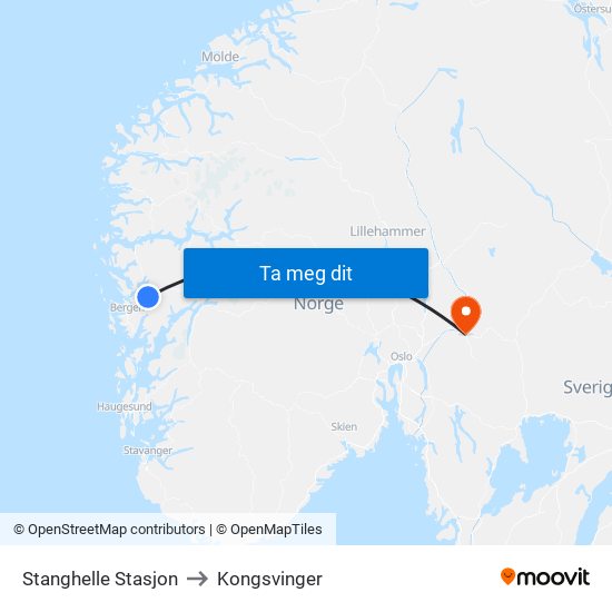 Stanghelle Stasjon to Kongsvinger map