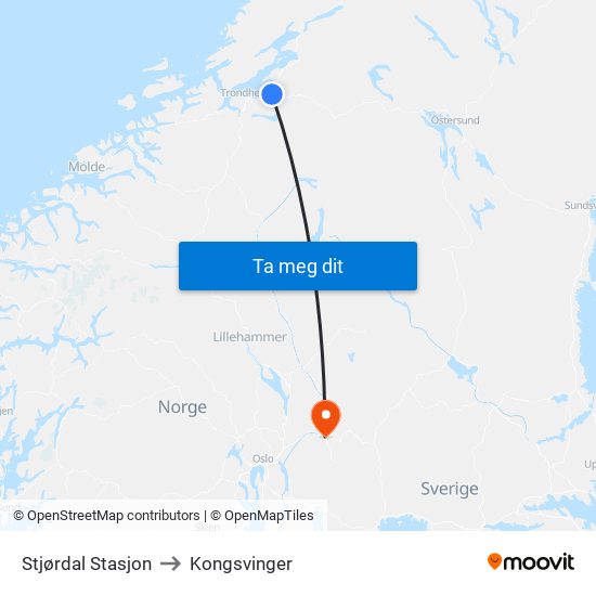 Stjørdal Stasjon to Kongsvinger map
