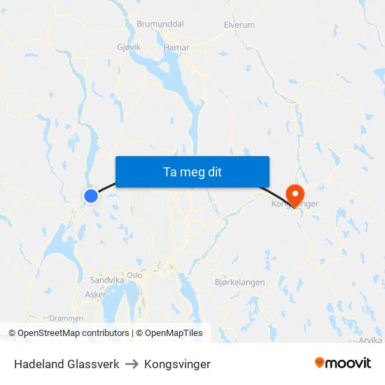 Hadeland Glassverk to Kongsvinger map