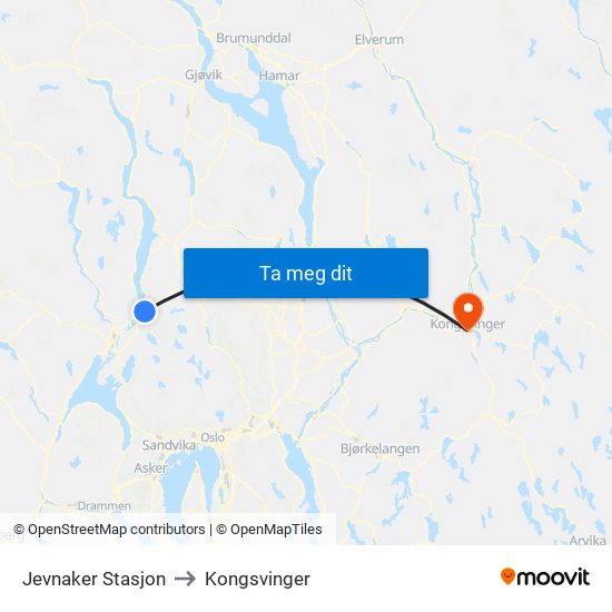 Jevnaker Stasjon to Kongsvinger map