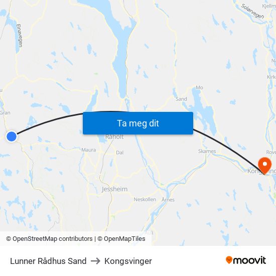 Lunner Rådhus Sand to Kongsvinger map