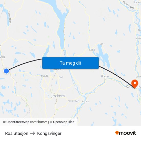 Roa Stasjon to Kongsvinger map