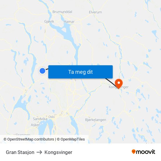 Gran Stasjon to Kongsvinger map
