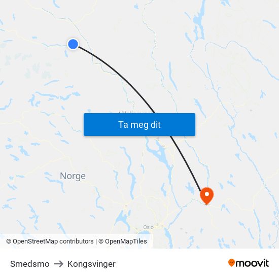 Smedsmo to Kongsvinger map