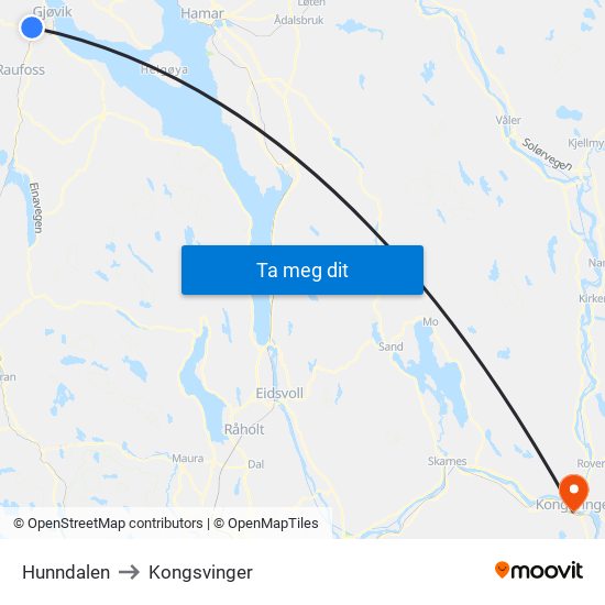 Hunndalen to Kongsvinger map