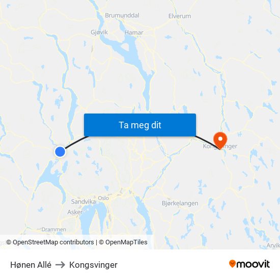 Hønen Allé to Kongsvinger map