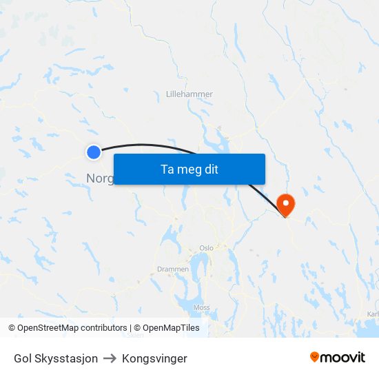 Gol Skysstasjon to Kongsvinger map