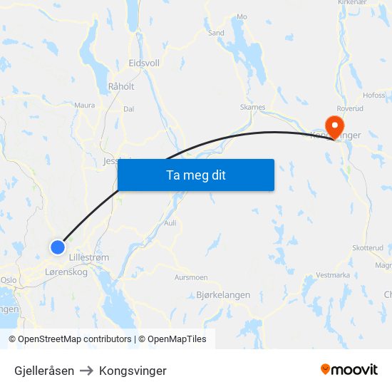Gjelleråsen to Kongsvinger map