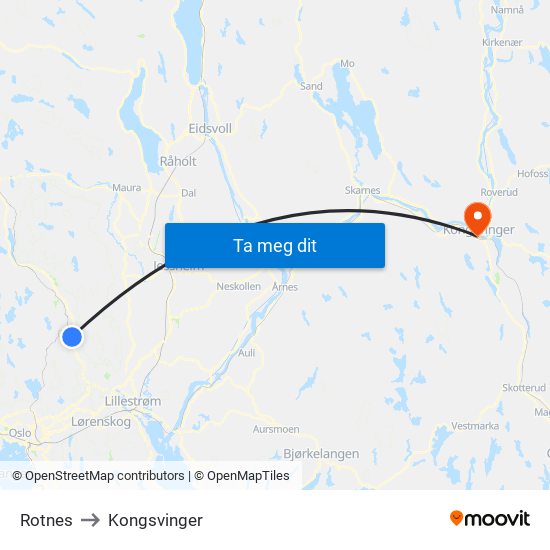 Rotnes to Kongsvinger map