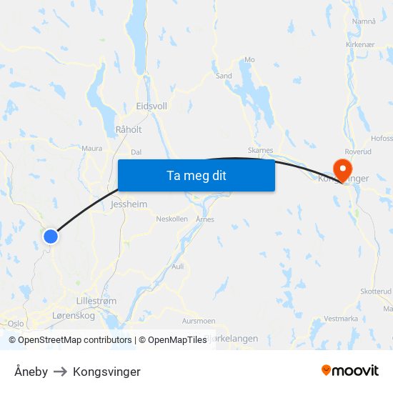 Åneby to Kongsvinger map