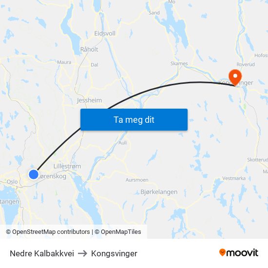 Nedre Kalbakkvei to Kongsvinger map
