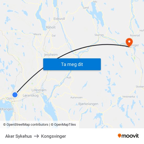 Aker Sykehus to Kongsvinger map