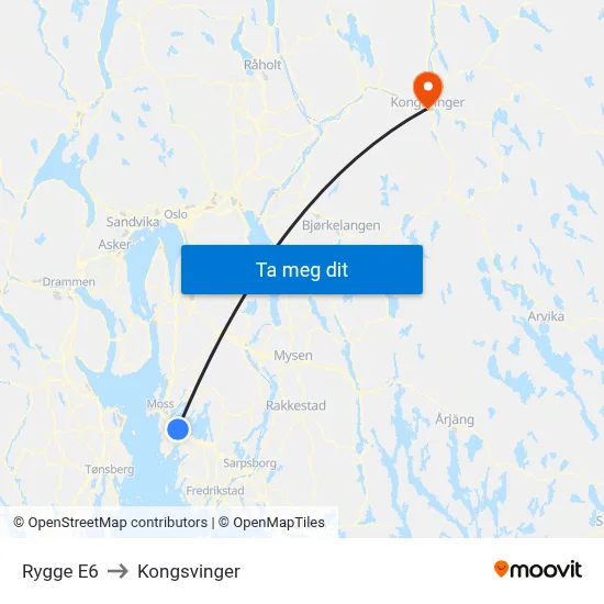 Rygge E6 to Kongsvinger map