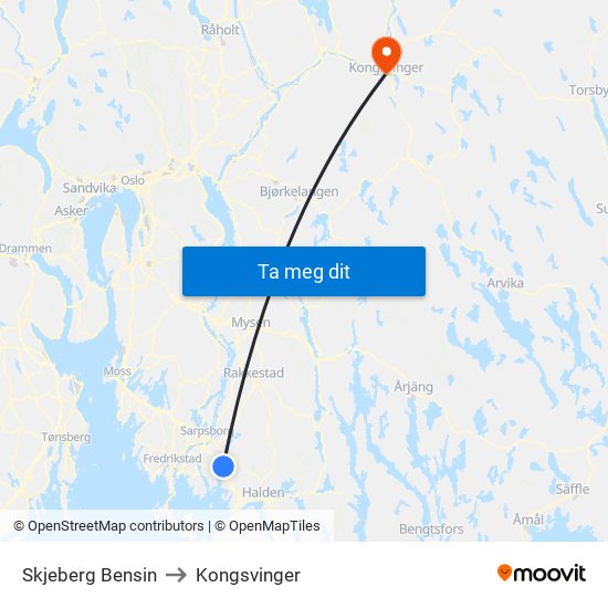 Skjeberg Bensin to Kongsvinger map