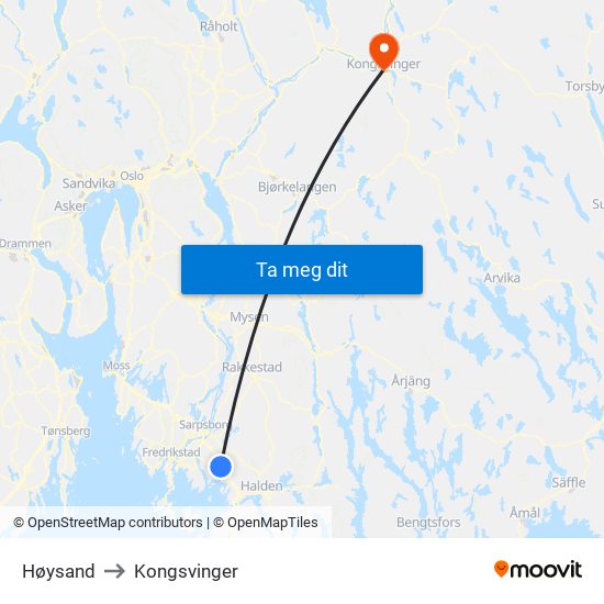 Høysand to Kongsvinger map