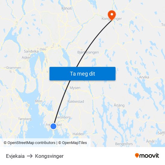 Evjekaia to Kongsvinger map