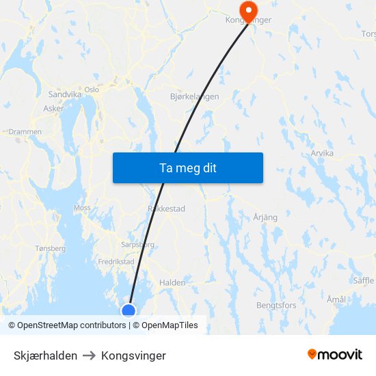 Skjærhalden to Kongsvinger map