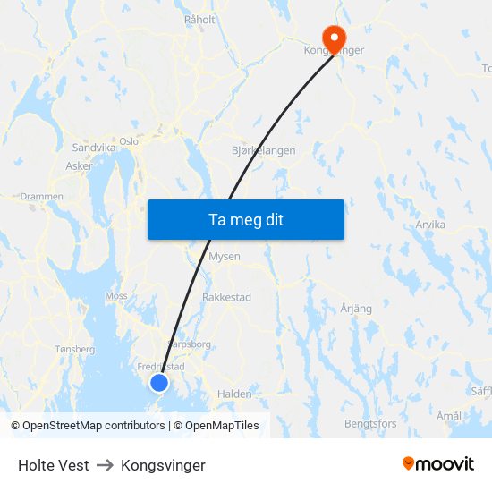 Holte Vest to Kongsvinger map