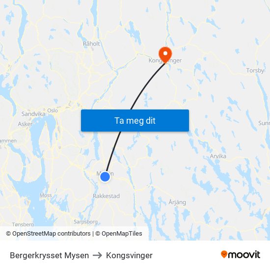 Bergerkrysset Mysen to Kongsvinger map
