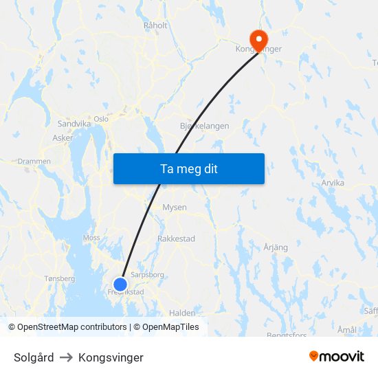 Solgård to Kongsvinger map