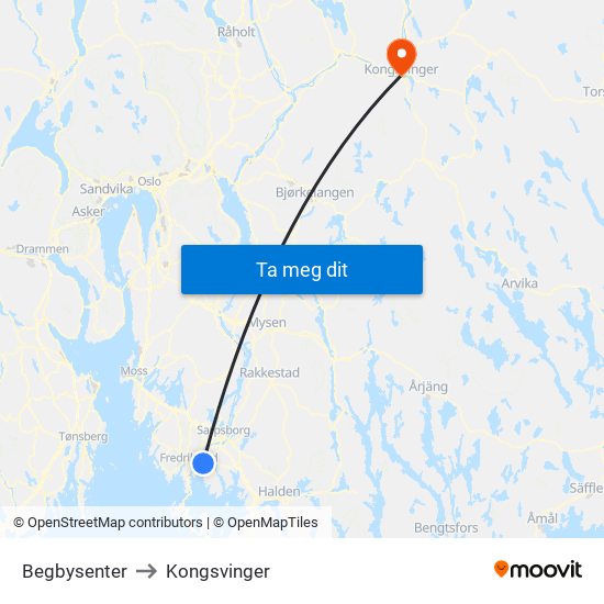 Begbysenter to Kongsvinger map