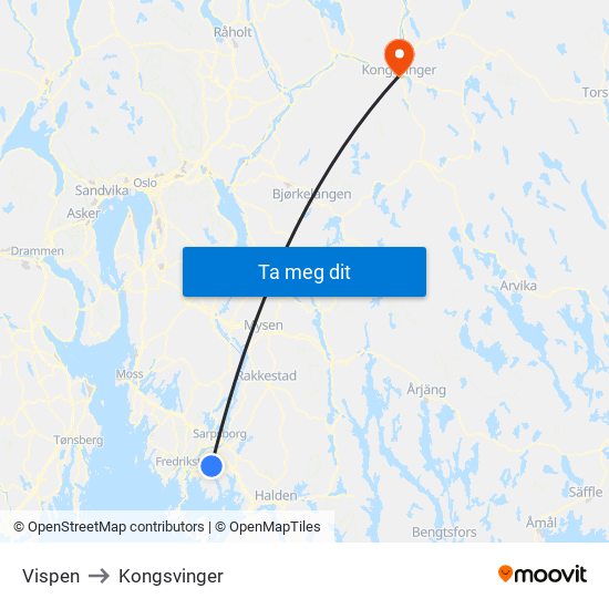 Vispen to Kongsvinger map