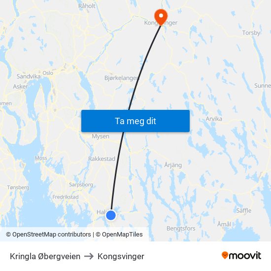 Kringla Øbergveien to Kongsvinger map