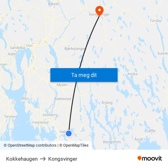 Kokkehaugen to Kongsvinger map