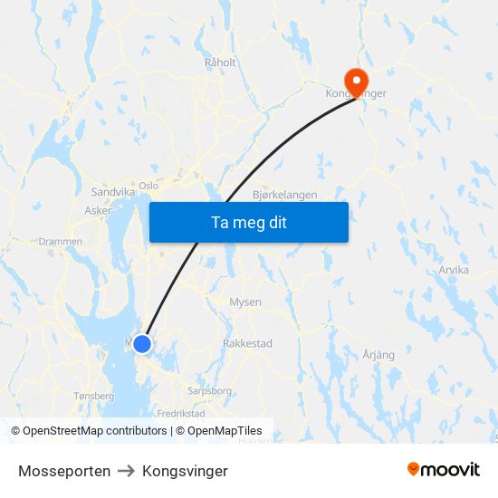 Mosseporten to Kongsvinger map