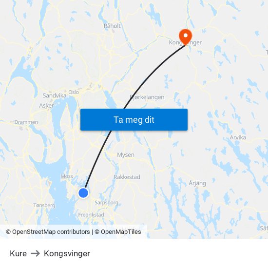 Kure to Kongsvinger map