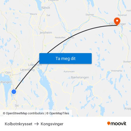 Kolbotnkrysset to Kongsvinger map