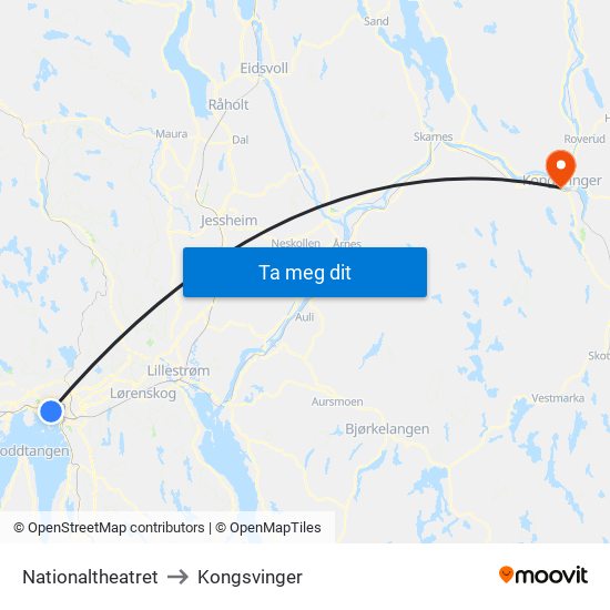 Nationaltheatret to Kongsvinger map