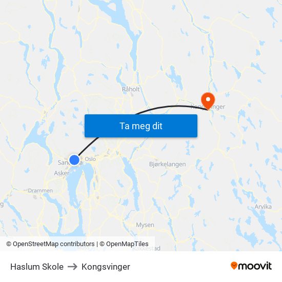 Haslum Skole to Kongsvinger map