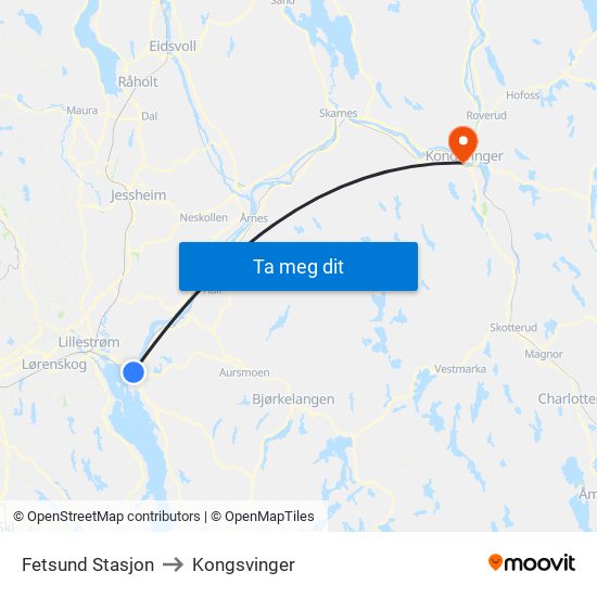 Fetsund Stasjon to Kongsvinger map
