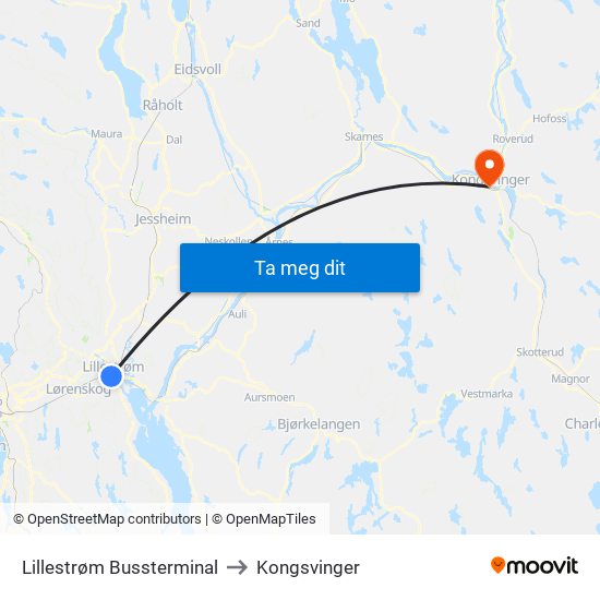 Lillestrøm Bussterminal to Kongsvinger map