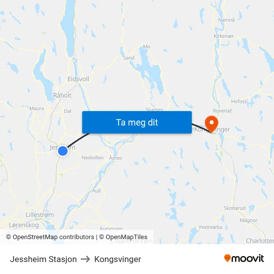 Jessheim Stasjon to Kongsvinger map