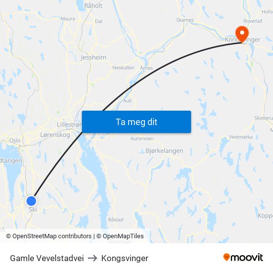 Gamle Vevelstadvei to Kongsvinger map