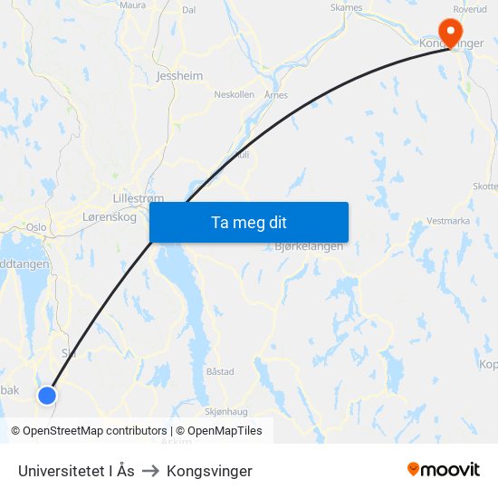 Universitetet I Ås to Kongsvinger map