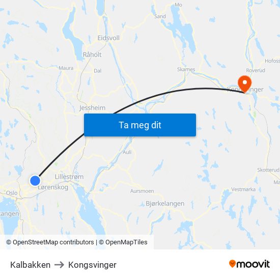 Kalbakken to Kongsvinger map