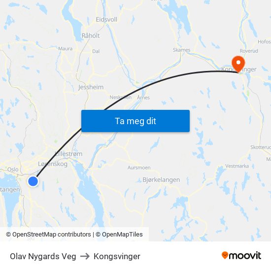 Olav Nygards Veg to Kongsvinger map