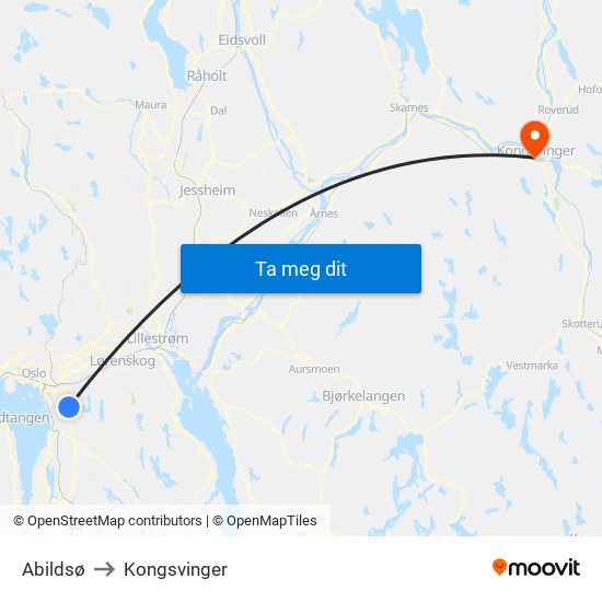 Abildsø to Kongsvinger map