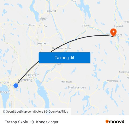 Trasop Skole to Kongsvinger map